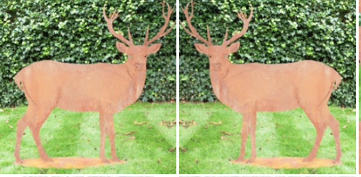 GARDEN SCULPTURAL STAG SILOUETTE STATUES, in oxidised finished metal, 130cm H x 135cm x 30cm.