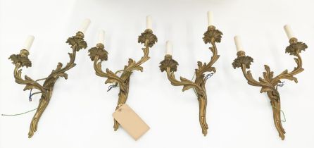 WALL LIGHTS, four rococo style brass, 50cm H. (4)