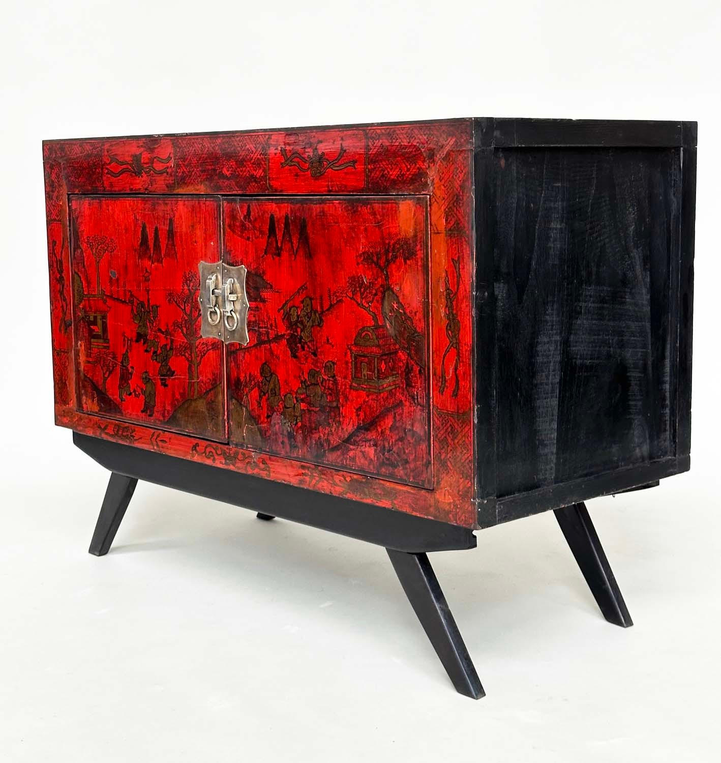 CHINESE CABINET ON STAND, 19th century scarlet lacquered and gilt polychrome decorated with two - Image 10 of 12