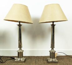 TABLE LAMPS, a pair, with line style shades, each 90cm tall overall. (2)