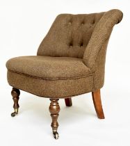 SLIPPER CHAIR, Victorian style with herringbone tweed upholstery, 76cm H x 65cm W.
