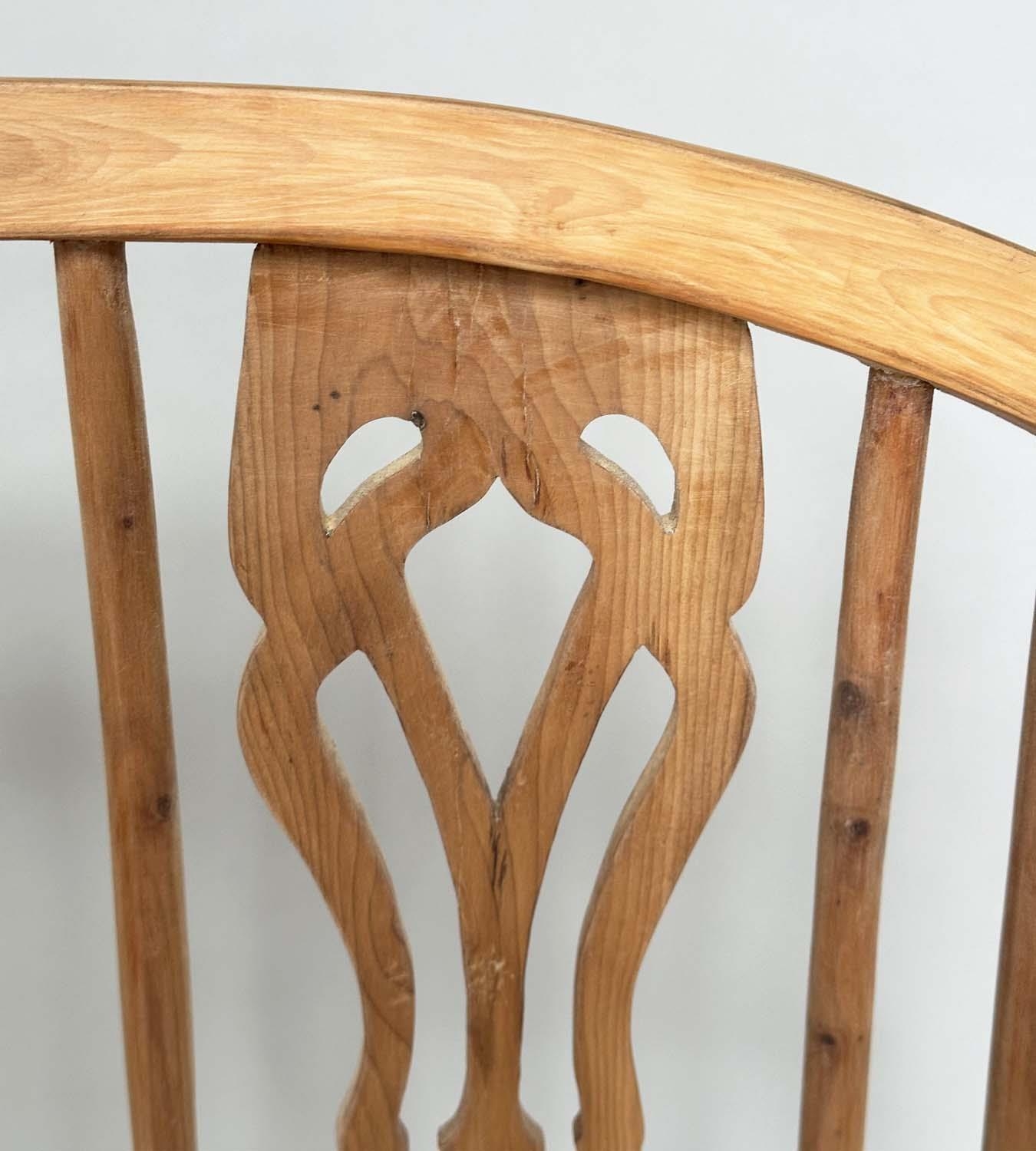 HALL SEAT, antique style English yewwood and elm, with twin pierced splat hoop back and carved - Image 3 of 6