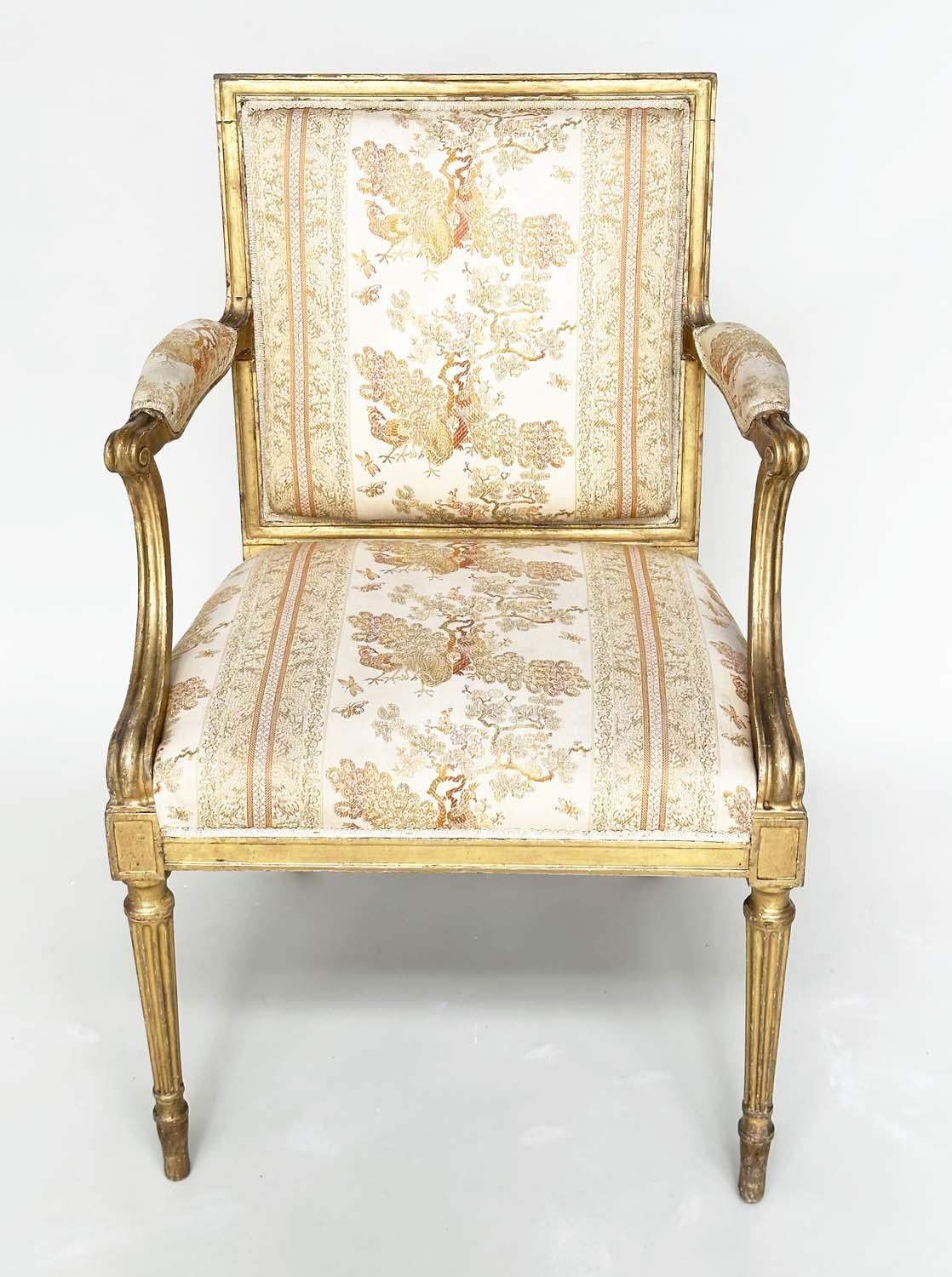 FAUTEUILS, a pair, 19th century giltwood each with down swept arms and carved fluted supports, - Image 4 of 11