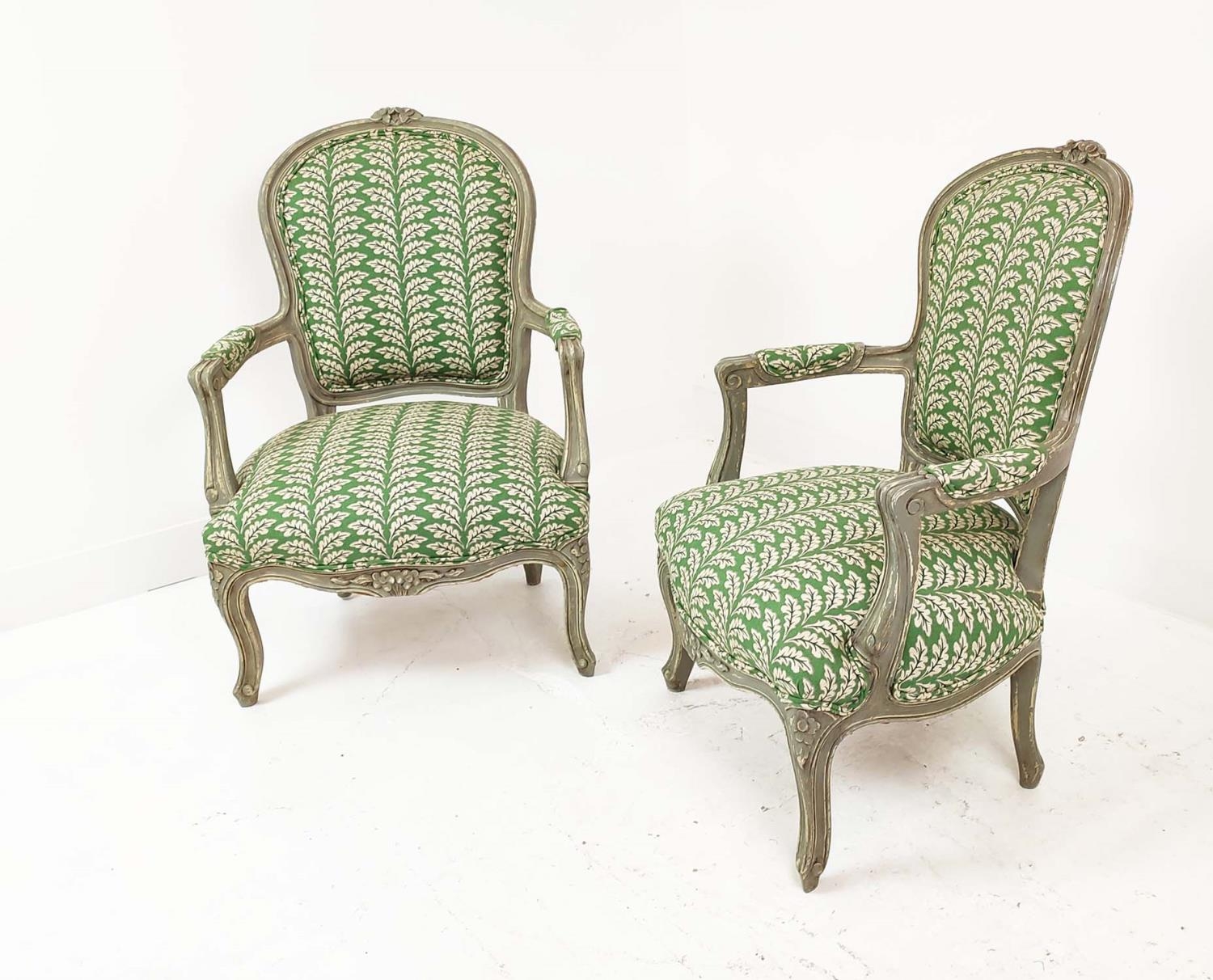 FAUTEUILS, a pair, Louis XV style, grey painted with green leaf patterned upholstery, 92cm H x - Image 2 of 8