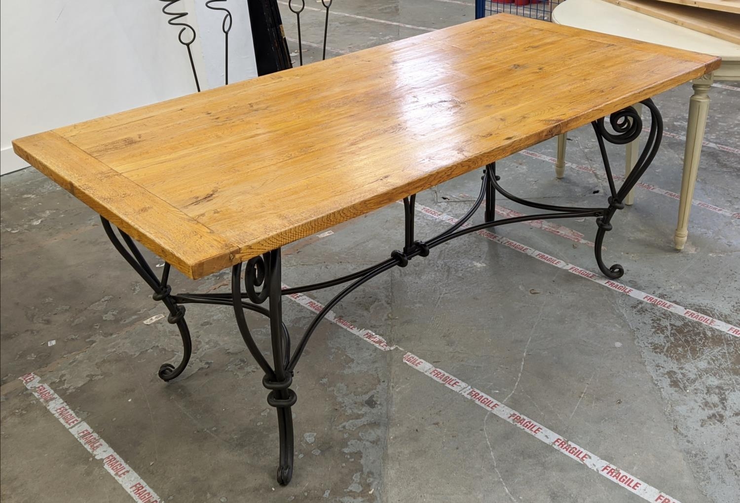 REFECTORY TABLE, light oak on wrought metal supports, 79cm H x 185cm x 90cm. - Image 2 of 8