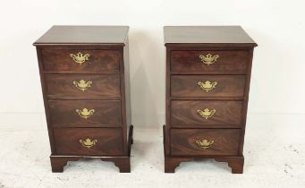 BEDSIDE CHESTS, a pair, late 19th/early 20th century mahogany, labelled S & H Jewel of four drawers,