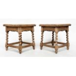 OCCASIONAL TABLES, a pair, early 20th century oak each square with barley twist stretchered