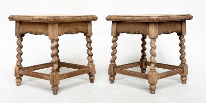 OCCASIONAL TABLES, a pair, early 20th century oak each square with barley twist stretchered