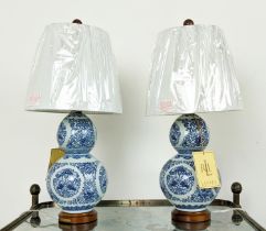 LAUREN RALPH LAUREN HOME TABLE LAMPS, a pair, double gourd blue and white ceramic, with shades, 52cm