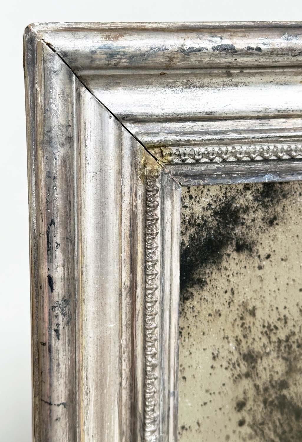WALL MIRROR, 19th century Italian silvered wood with rectangular beaded frame and distressed - Image 3 of 8
