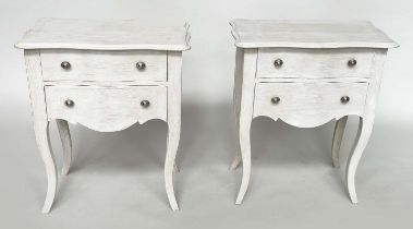 BEDSIDE CHESTS, a pair, French traditionally grey painted each with two drawers and cabriole