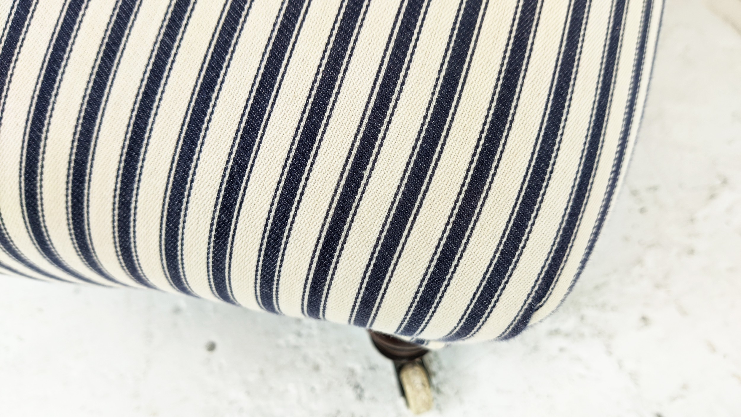 SLIPPER CHAIR, Victorian mahogany in blue and white ticking, 82cm H x 78cm x 62cm. (front castors - Image 4 of 6