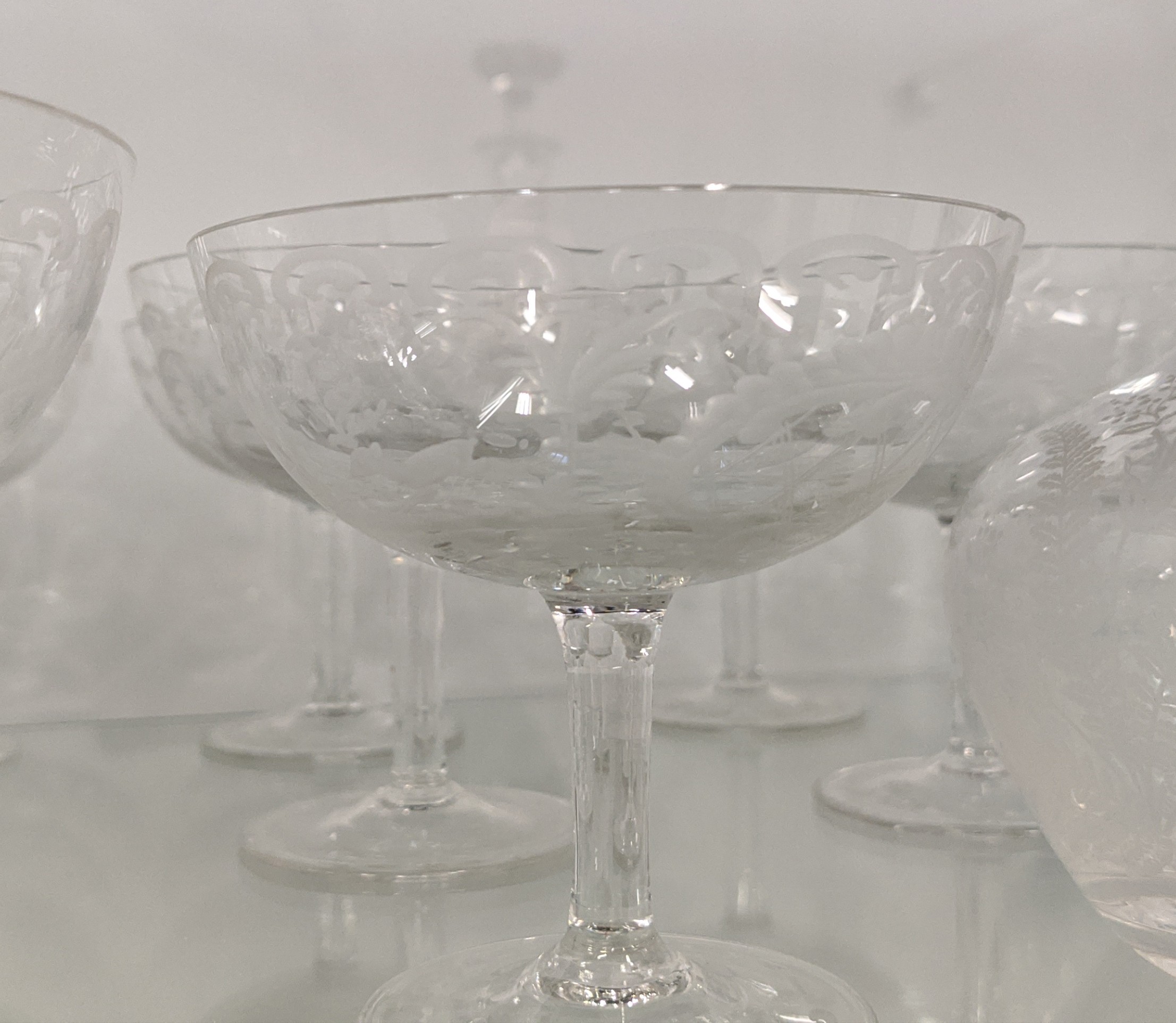 QUANTITY OF ENGRAVED GLASSWARE, including eight champagne flutes, decanter vodka glass set, eight - Image 5 of 9