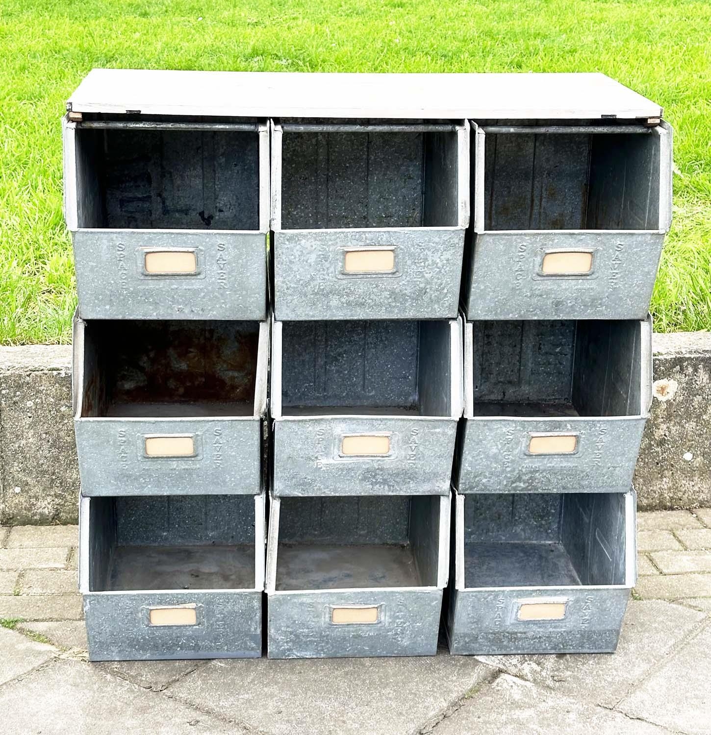 STACKING TRAYS, a set of nine, galvanised with softwood work top, 90cm x 50cm x 91cm H. - Image 2 of 7