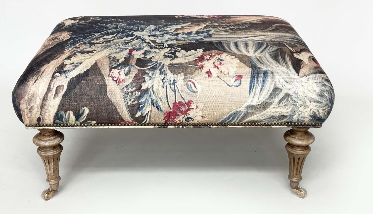 HEARTH STOOL, rectangular tapestry style printed linen raised upon turned tapering bleached oak