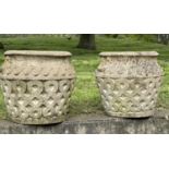GARDEN PLANTERS, a pair, well weathered reconstituted stone studio pots of urn form, 39cm H x 42cm