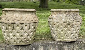 GARDEN PLANTERS, a pair, well weathered reconstituted stone studio pots of urn form, 39cm H x 42cm