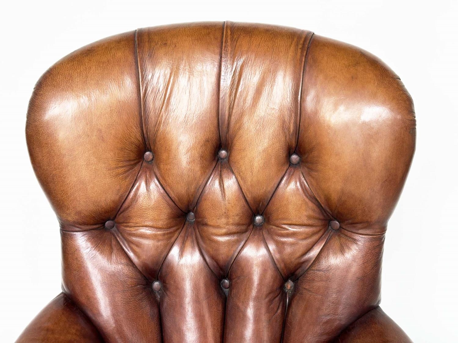 LIBRARY ARMCHAIR, Georgian design with deep buttoned soft natural tan brown leather upholstery and - Image 6 of 7