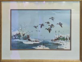 ROBERT MILLIKEN (British 1920-2014), 'Ducks over a lake', watercolour, 36cm x 50cm, framed.