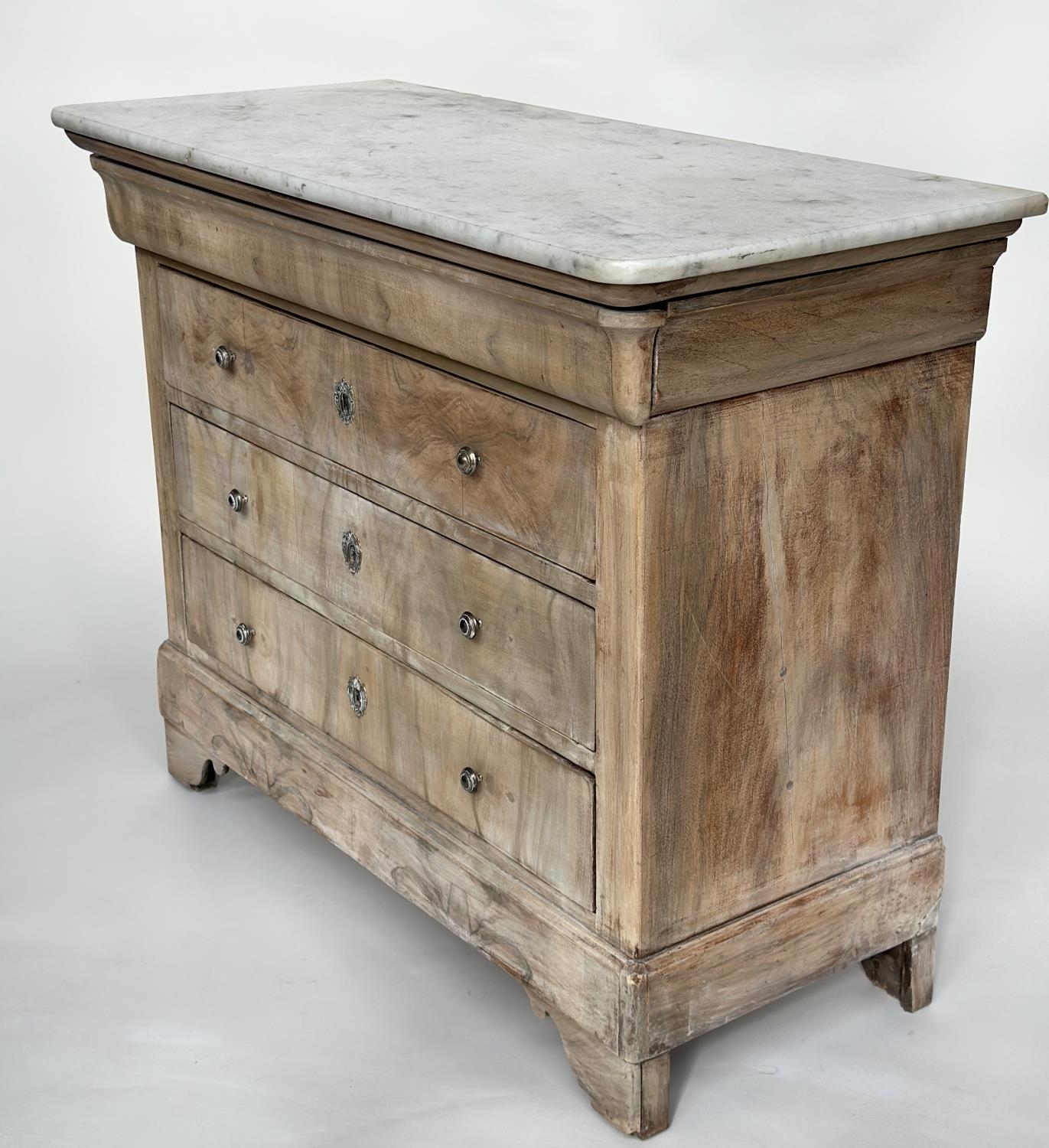 COMMODE, 19th century French Louis Philippe figured walnut with four long drawers silvered metal - Image 10 of 12