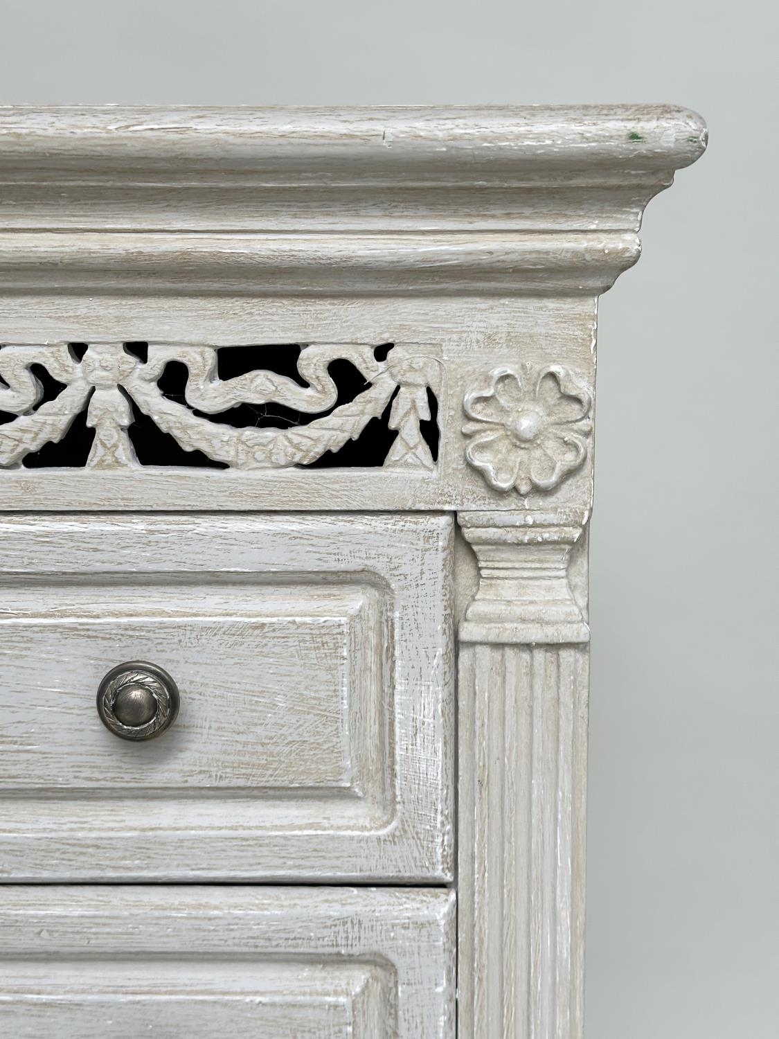 TALL CHEST, French style traditionally grey painted with pierced frieze and five drawers, 100cm H - Image 2 of 7