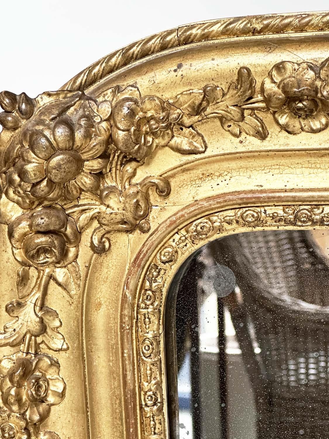 WALL MIRROR, 19th century French Napoleon III giltwood and gesso moulded, arched with foliate - Image 9 of 13