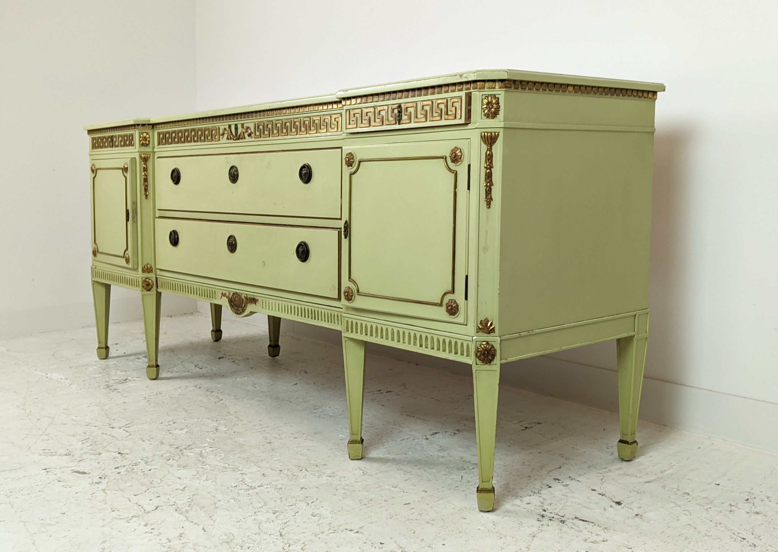 SIDEBOARD, neo classical style green painted and gilt, heightened with five drawers and two doors, - Image 5 of 14