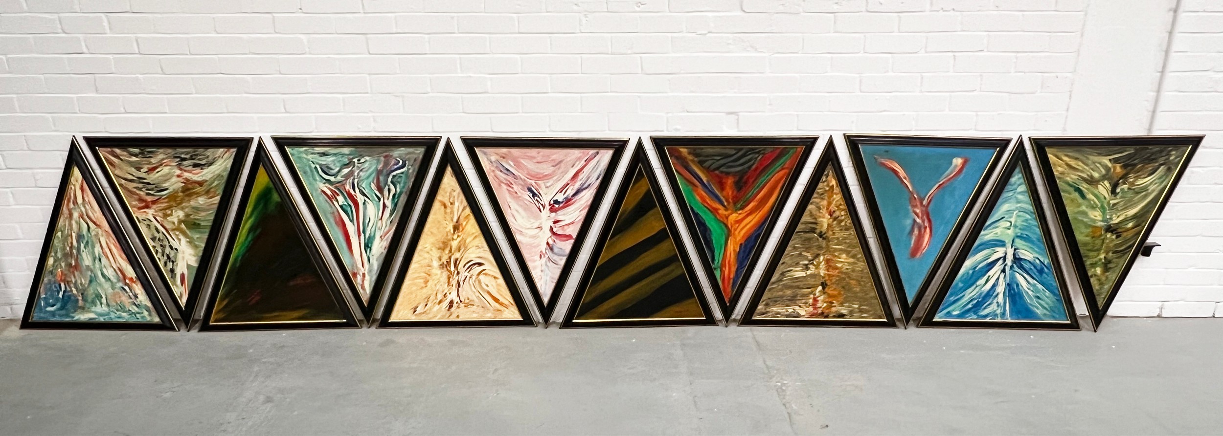20TH CENTURY BRITISH SCHOOL, 'Abstracts', a set of 12, in ebonised frames, each 81cm x 68cm. (12)