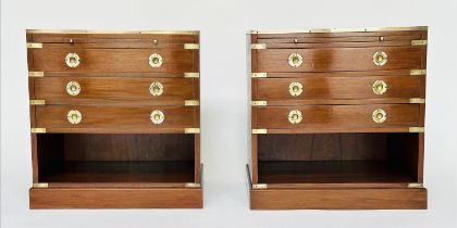 CAMPAIGN STYLE CHESTS, a pair, mahogany and brass bound with tooled leather and three drawers,