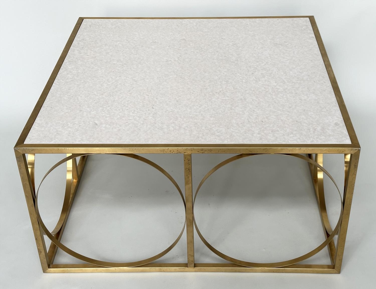 LOW TABLE, square gilded metal framed with reconstituted travertine marble, 88cm x 88cm x 45cm H. - Image 3 of 6