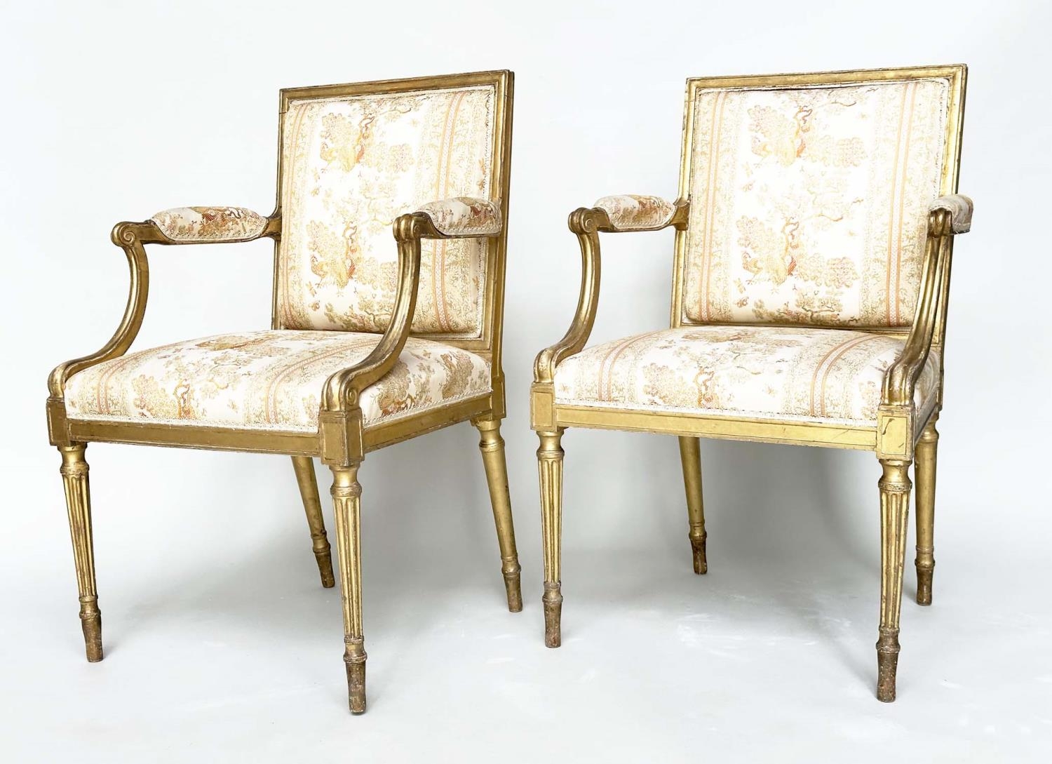 FAUTEUILS, a pair, 19th century giltwood each with down swept arms and carved fluted supports, - Image 2 of 11