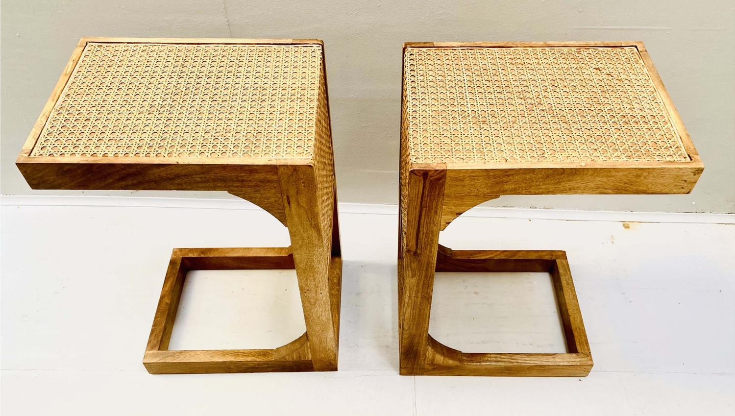 SIDE TABLES, a pair, 1970's Danish style, in wood and rattan, 60cm H x 30cm x 40cm. (2)