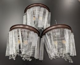 WALL LIGHTS, a set of three, each two branch, with glass droplet and rod detail, 30cm x 15cm x 31cm.