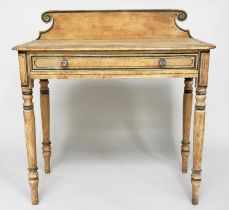WRITING TABLE, Victorian grey painted with scroll upstand, frieze drawer and turned tapering