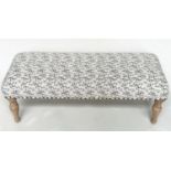 WINDOW SEAT, rectangular with close nailed eucalytus printed cotton upholstery and turned