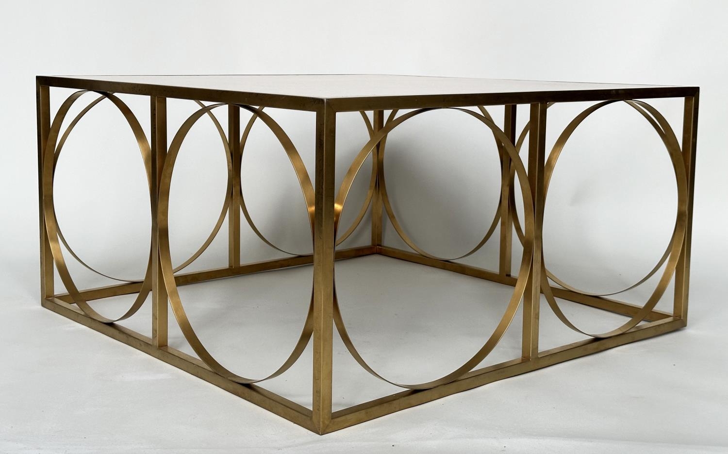 LOW TABLE, square gilded metal framed with reconstituted travertine marble, 88cm x 88cm x 45cm H. - Image 2 of 6