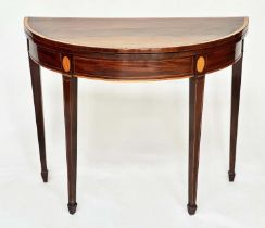 CARD TABLE, George III flame mahogany and satinwood crossbanded, demilune foldover baise lined, 90cm