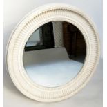 CIRCULAR WALL MIRROR, French style grey painted with fluted and beaded frame, 84cm W.