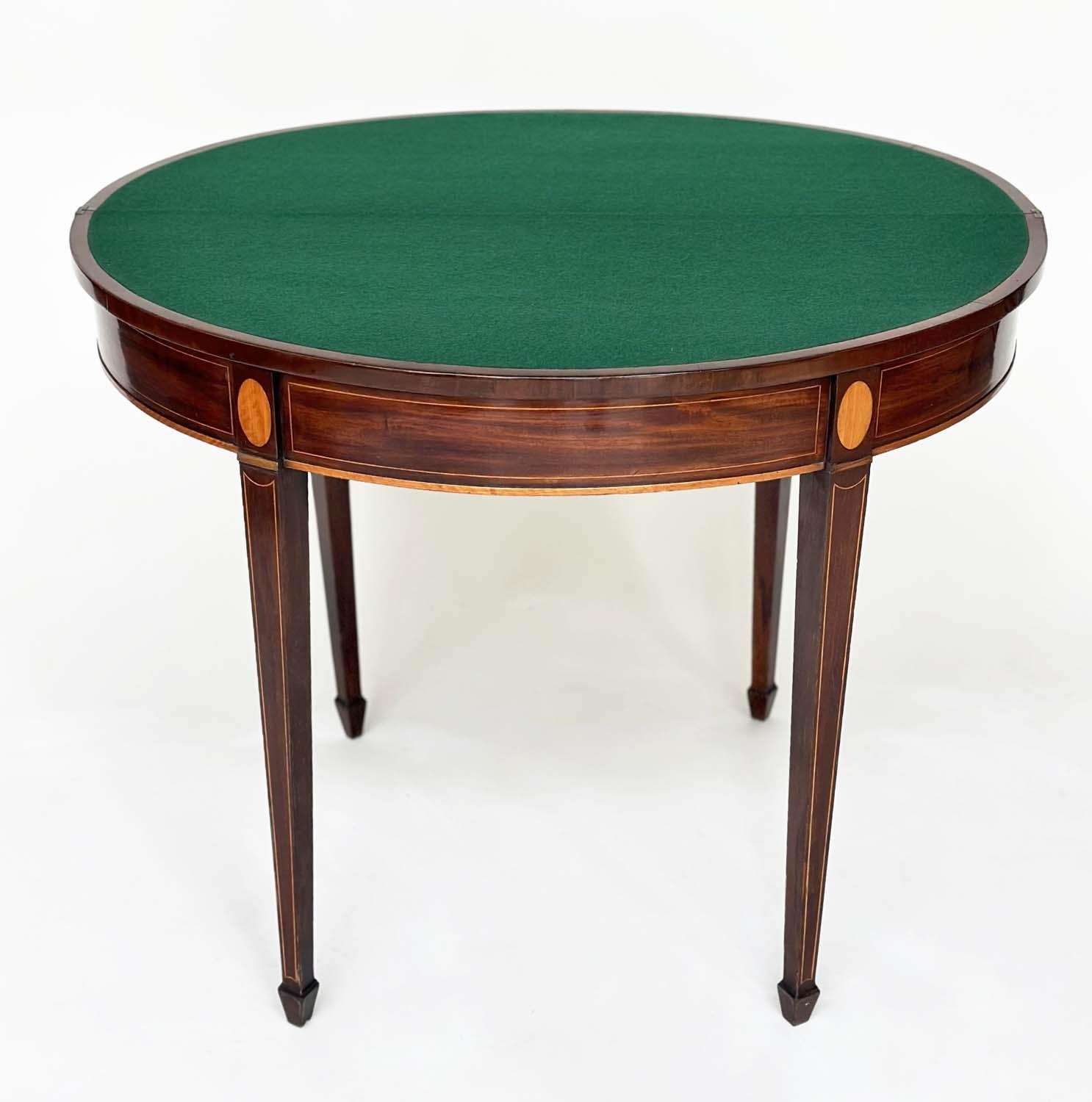 CARD TABLE, George III flame mahogany and satinwood crossbanded, demilune foldover baise lined, 90cm - Image 10 of 12