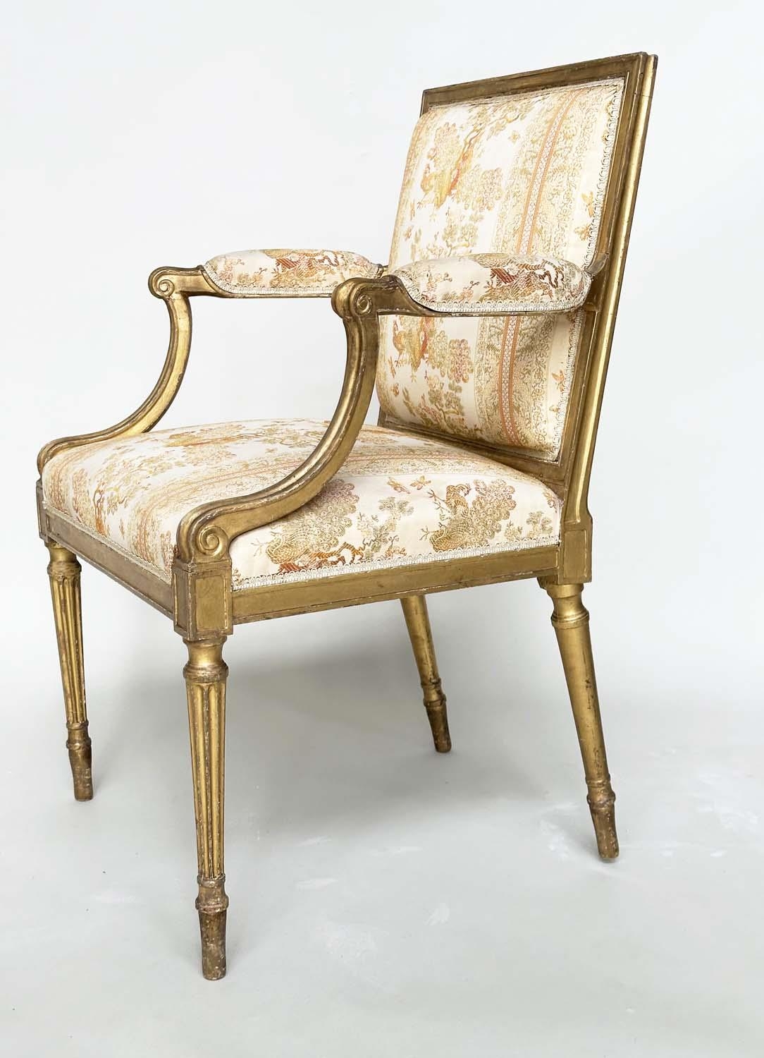 FAUTEUILS, a pair, 19th century giltwood each with down swept arms and carved fluted supports, - Image 10 of 11