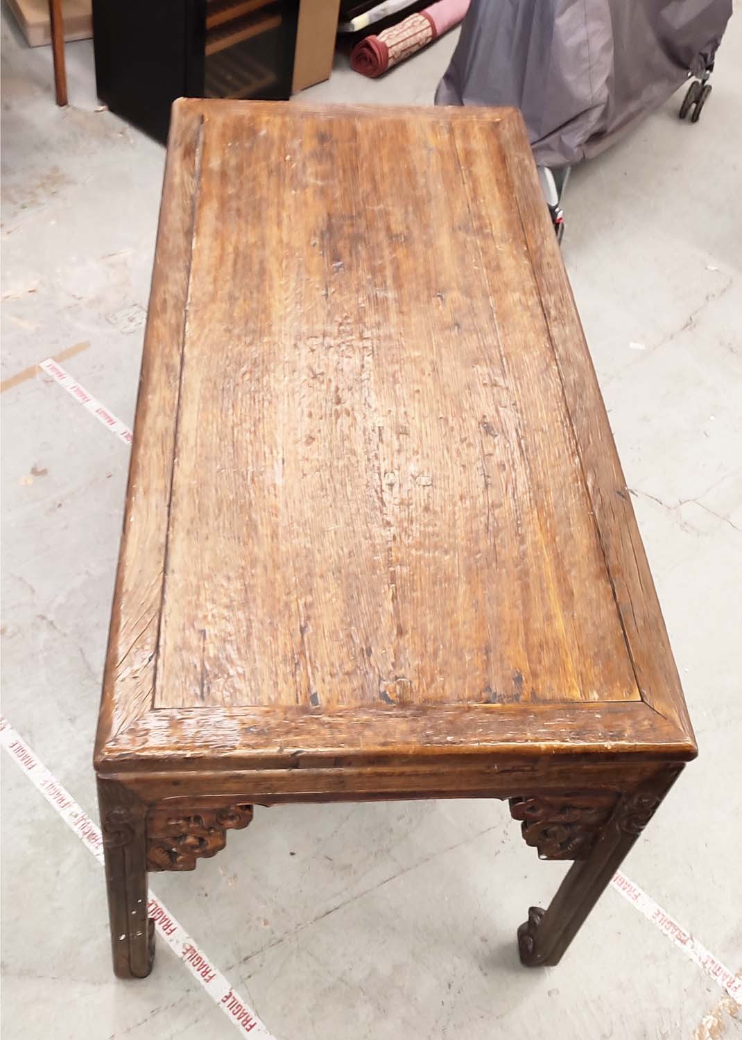 DINING TABLE, Chinese elm with carved legs and pierced spandrels, 217cm L x 107cm W x 88cm H. - Image 6 of 6