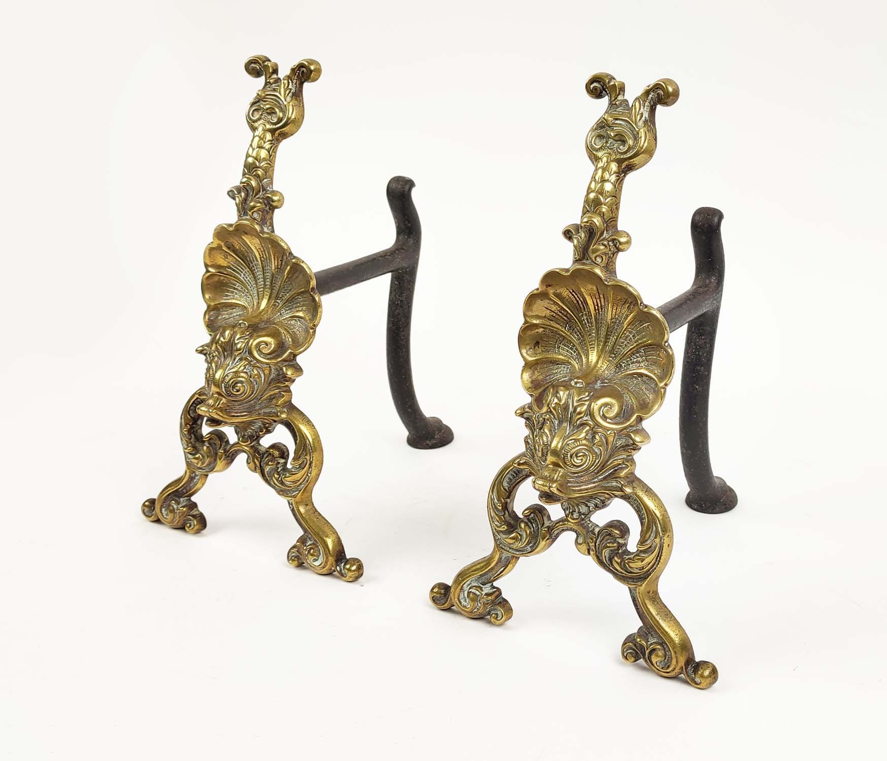 A PAIR OF VICTORIAN BRASS FIRE DOGS, made by William Tonks and Sons, circa 1880, 27cm H x 22cm D.