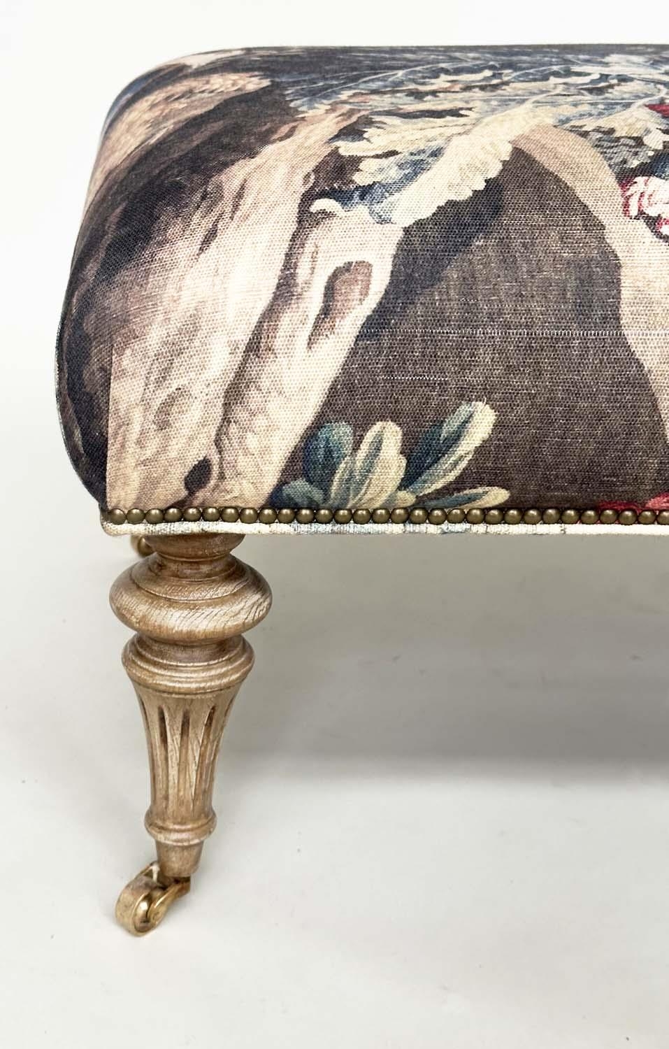 HEARTH STOOL, rectangular tapestry style printed linen raised upon turned tapering bleached oak - Image 4 of 10
