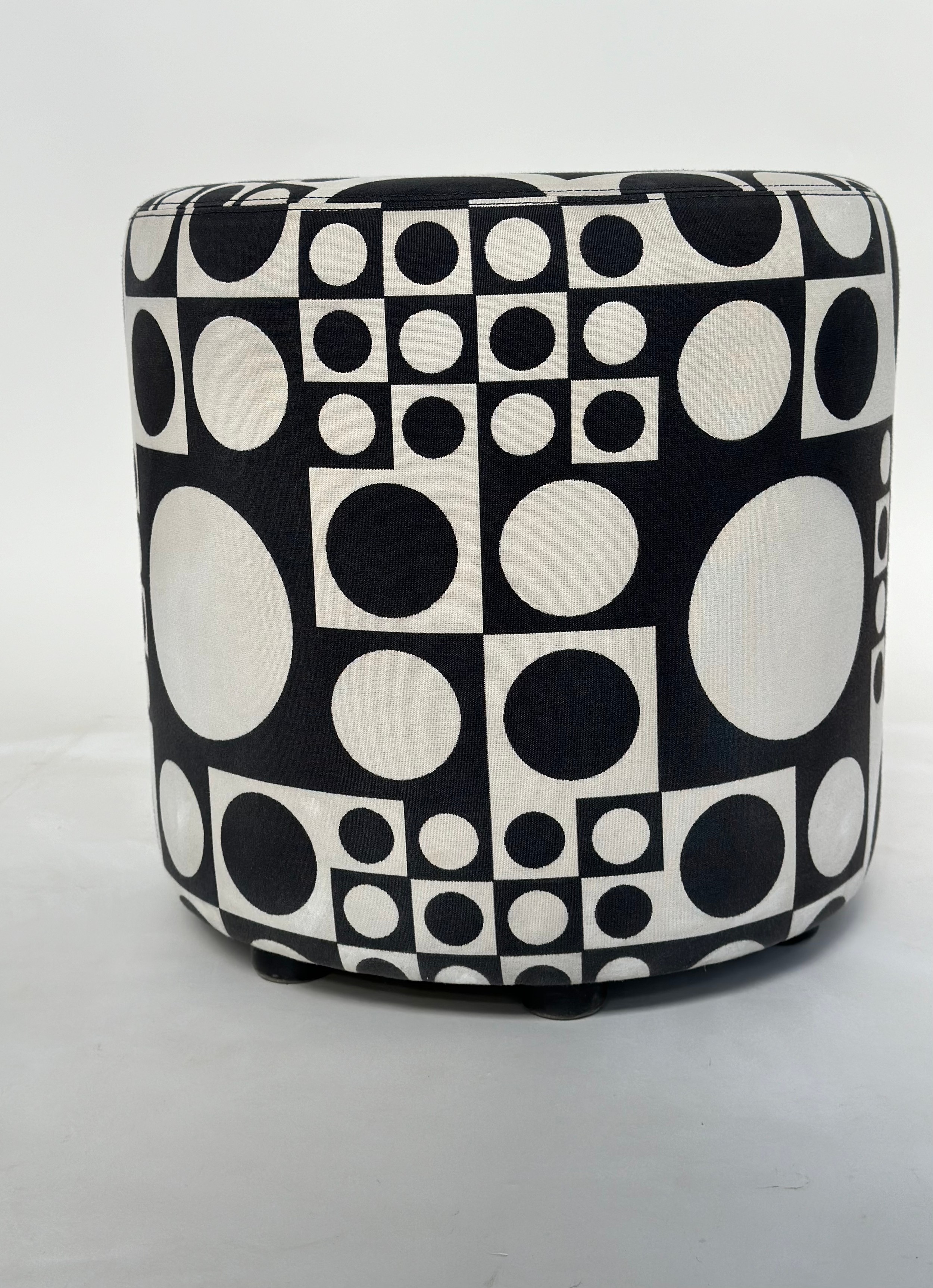 STOOL BY JOHANSON DESIGN, circular drum form with black/white 60s style fabric upholstery, 44cm W - Image 3 of 5