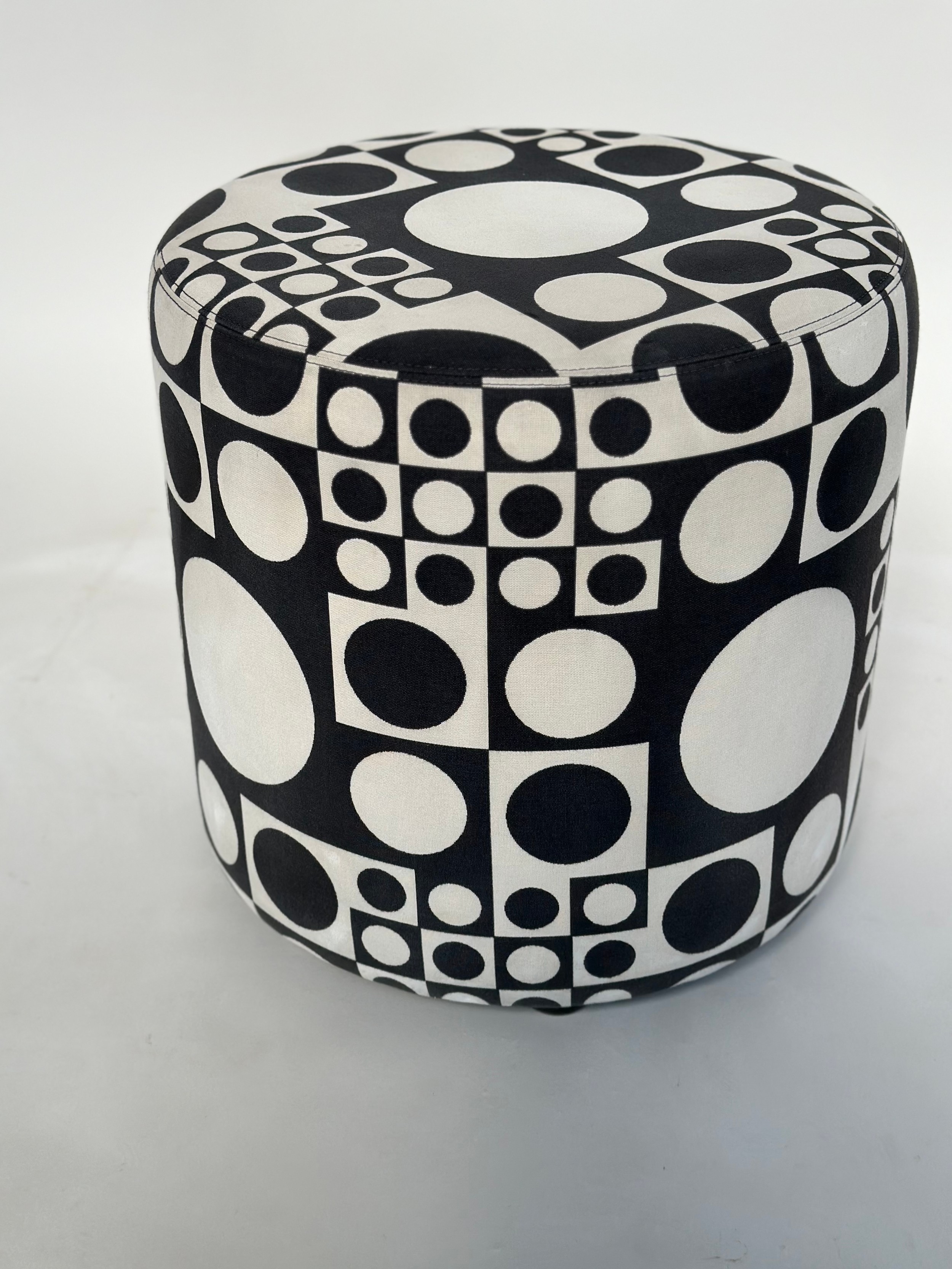 STOOL BY JOHANSON DESIGN, circular drum form with black/white 60s style fabric upholstery, 44cm W
