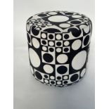 STOOL BY JOHANSON DESIGN, circular drum form with black/white 60s style fabric upholstery, 44cm W