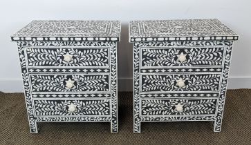 BEDSIDE CHESTS, a pair, mother of pearl inlaid each with three drawers, 67cm H x 60cm W x 40cm D.