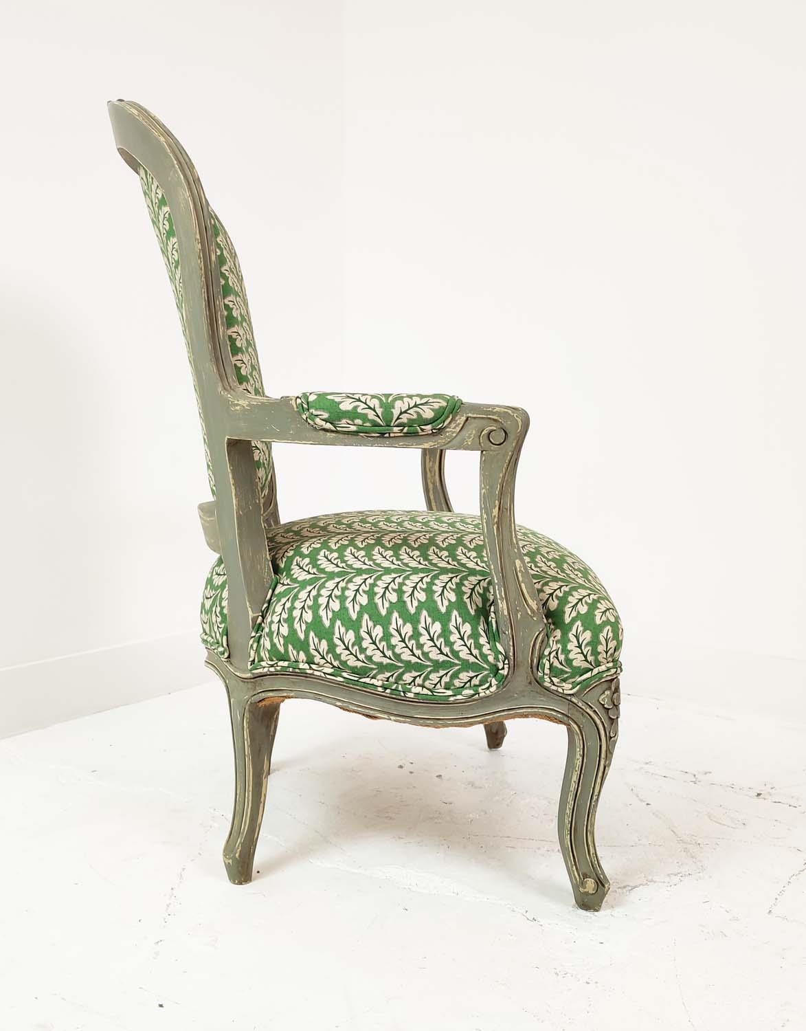FAUTEUILS, a pair, Louis XV style, grey painted with green leaf patterned upholstery, 92cm H x - Image 7 of 8