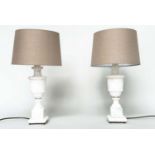 ALBASTER TABLE LAMPS, a pair, urn form on square plinth bases, 54cm H. (2)