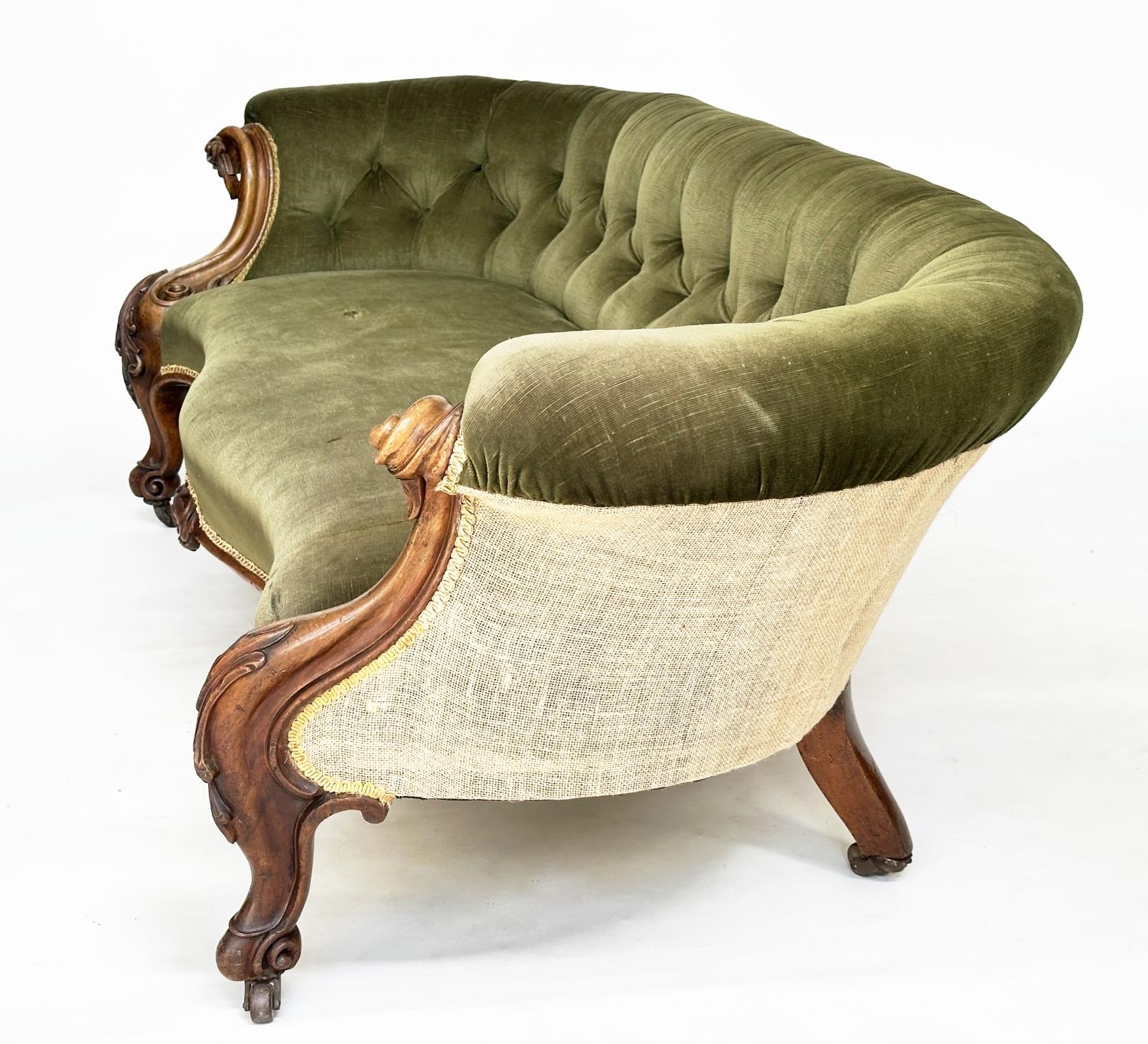 SOFA, Victorian walnut with deep button green velvet upholstery, and carved supports, 198cm W. - Image 6 of 7